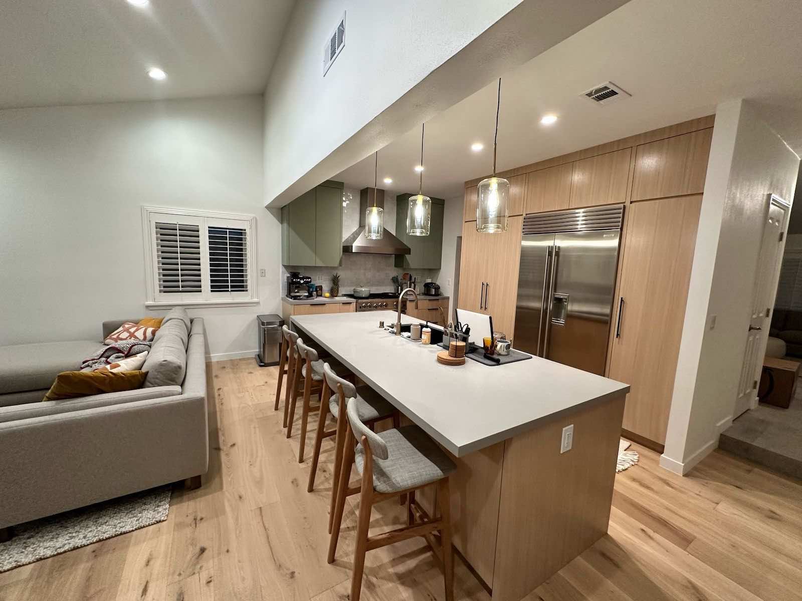 Claremont kitchen living room view with island bar seating