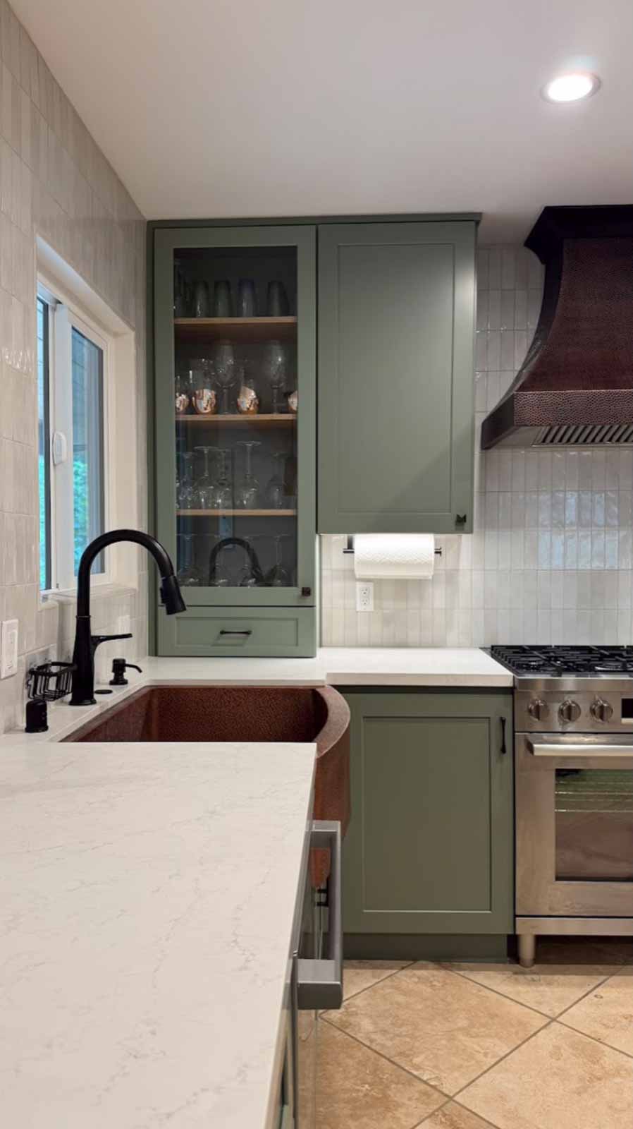 Pasadena kitchen remodel sage green cabinets and copper sink