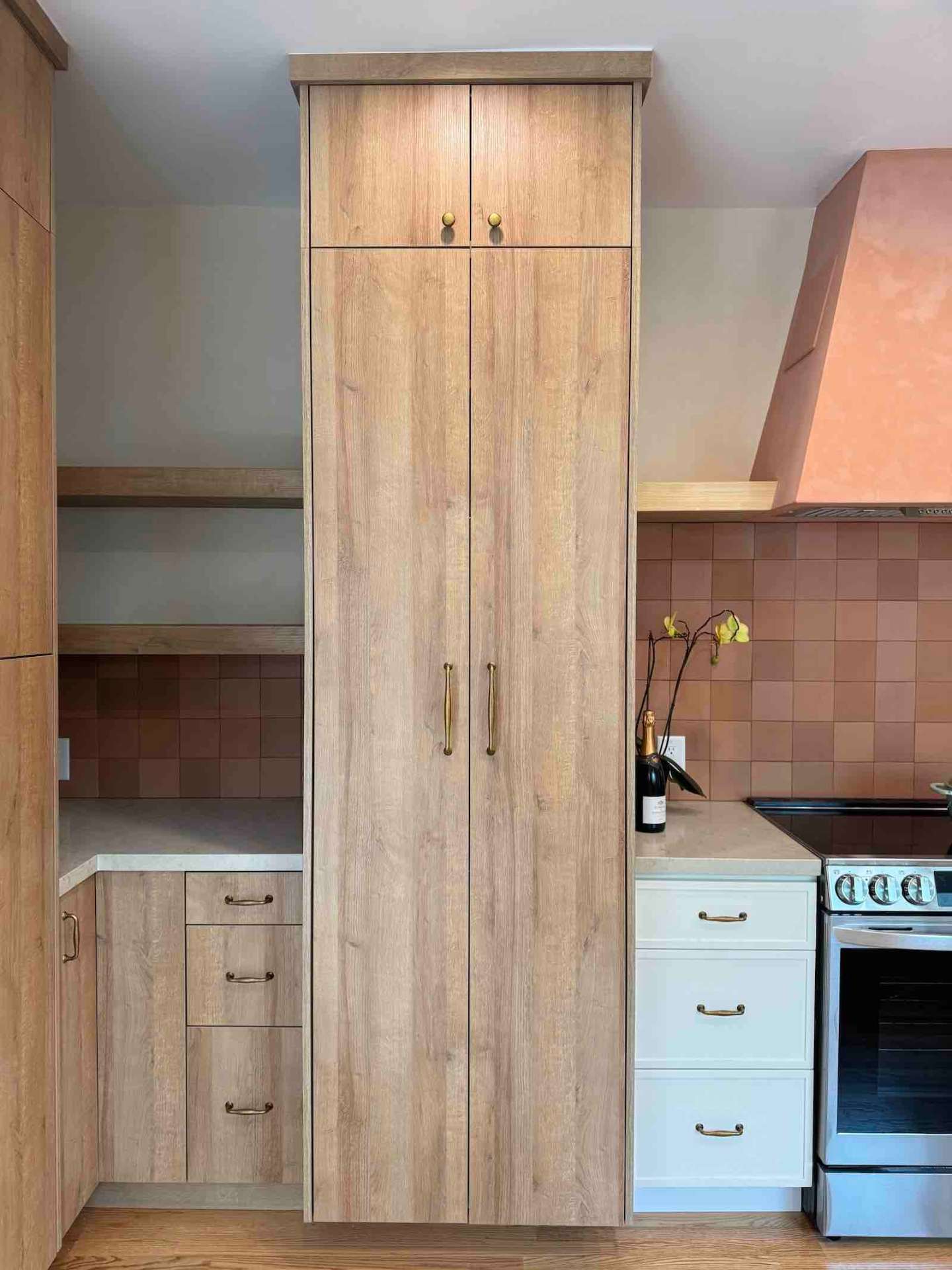 Rancho Park kitchen floor-to-ceiling oak pantry cabinet