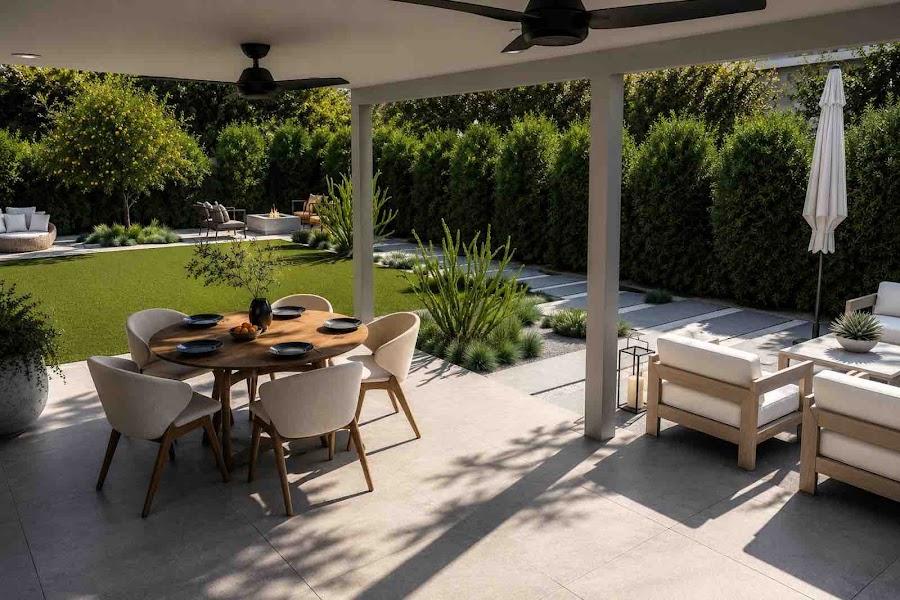 Covered patio and lawn landscape design with indoor-outdoor flow