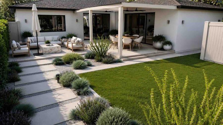 Front yard curb appeal landscape with clean planting beds and walkway