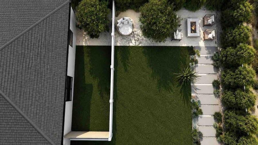 Outdoor entertaining landscape design with fire pit lounge and dining areas