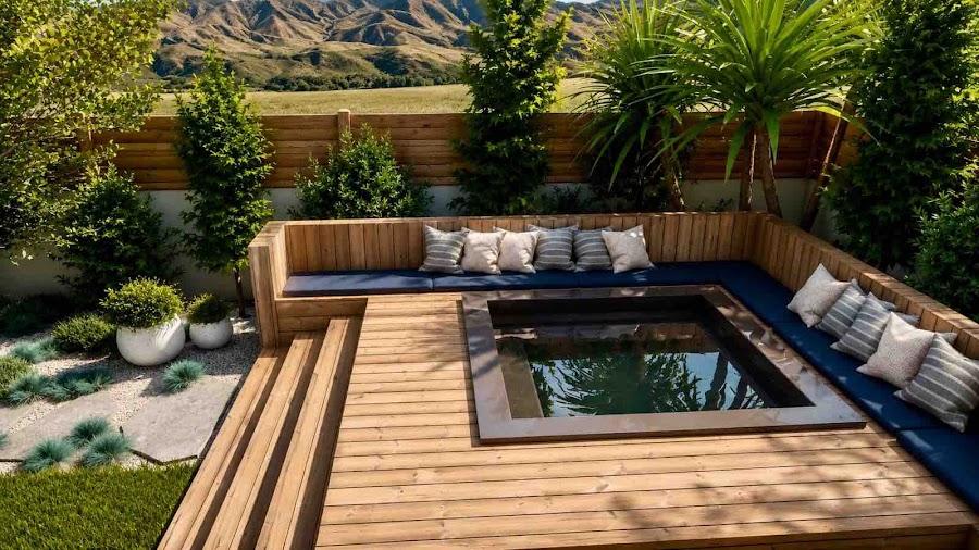 Glendale backyard design with wood deck and sunken spa