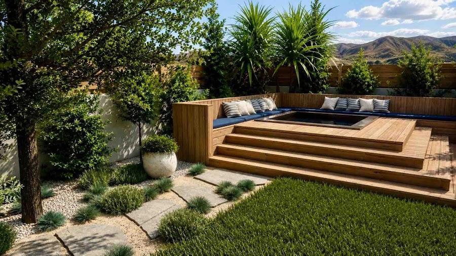 Glendale backyard with layered privacy planting and hills view