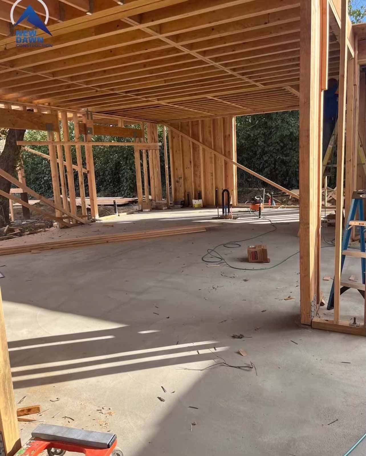 Large room addition floor and wall framing with open ceiling joists - Los Angeles construction project