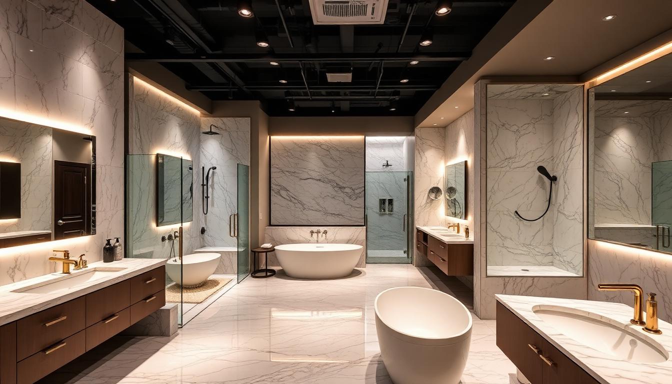 Luxury bathroom showroom showcasing multiple high-end design-build bathroom remodel options in Los Angeles